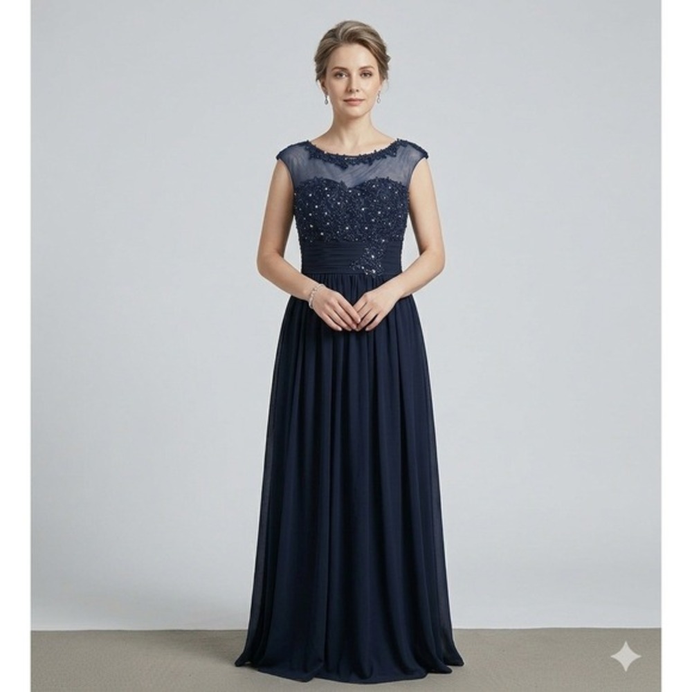 Navy Lace Sequin Evening Gown Women‎ Size M Formal Maxi Dress Wedding Gala